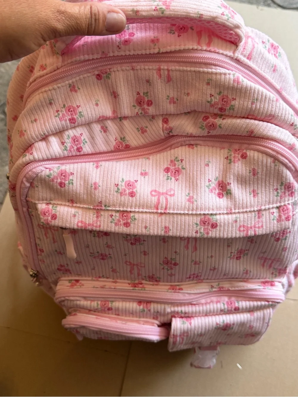 Pink Floral Women's Backpack - Charming Rose Print corduroy